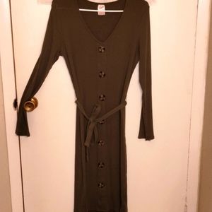 ⭐ARMY Green Long Sleeve Big Buttons Down the Center Large MIDI  Dress